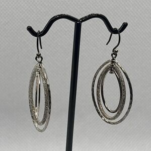 Silver Tone Earrings Layered Triple Oval Teardrop Dangle Women Textured Hook